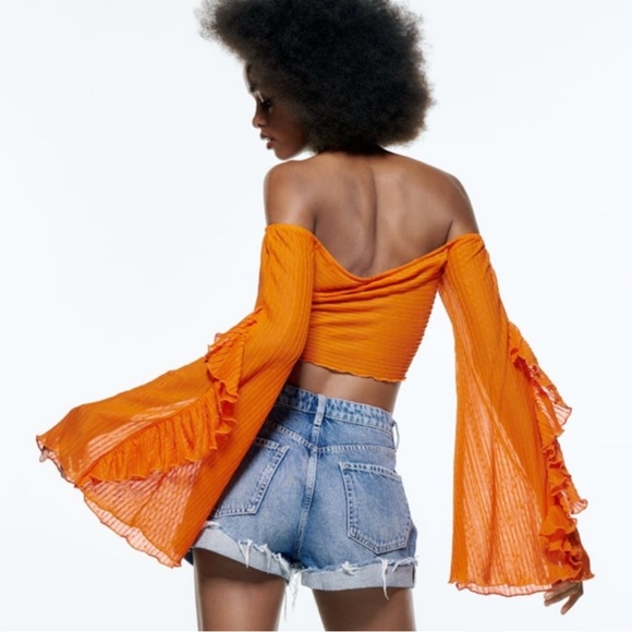 Zara Orange Ruffled Pleated Top - Picture 2 of 13